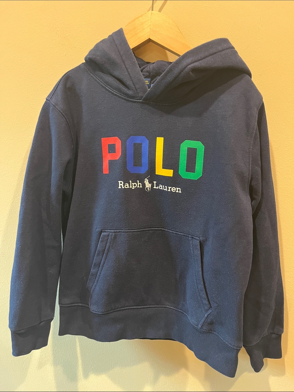 Ralph Lauren Navy Hoodie with Multicolor POLO Letters